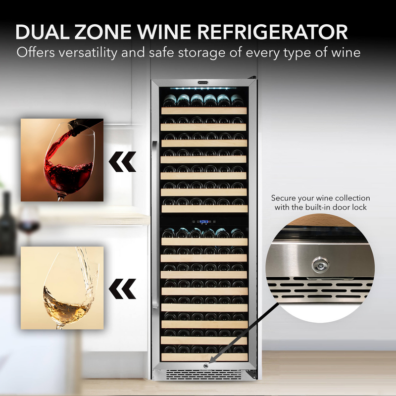 Whynter 164 Bottle Built-in Stainless Steel Dual Zone Compressor Wine Refrigerator with Display Rack and LED display