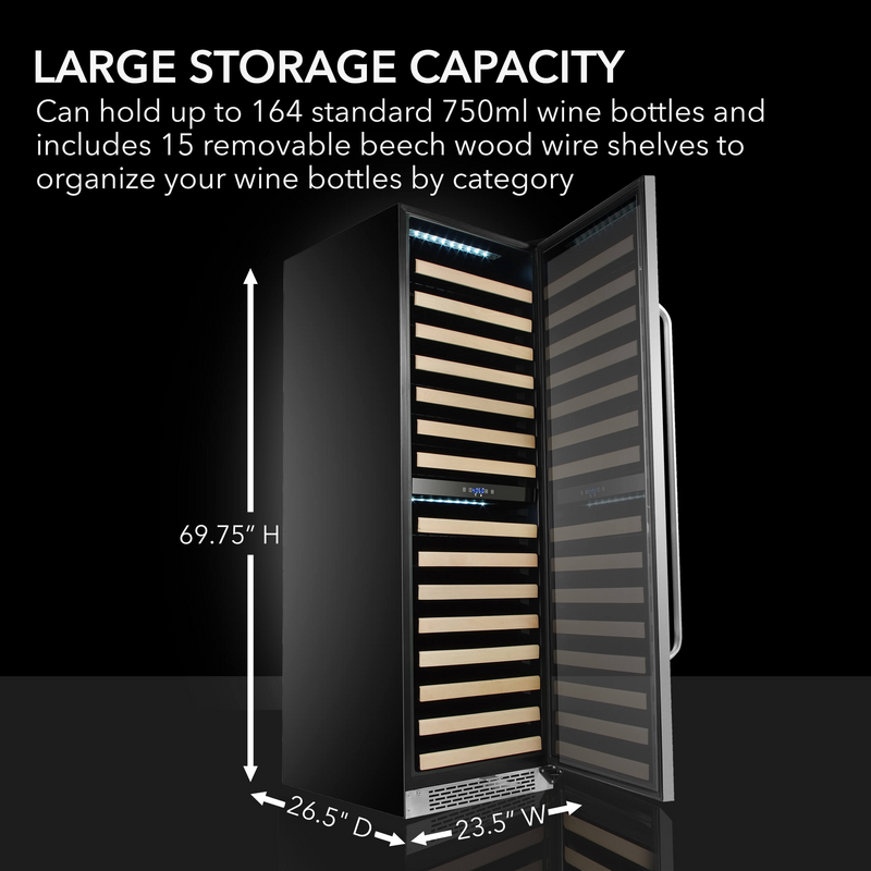 Whynter 164 Bottle Built-in Stainless Steel Dual Zone Compressor Wine Refrigerator with Display Rack and LED display