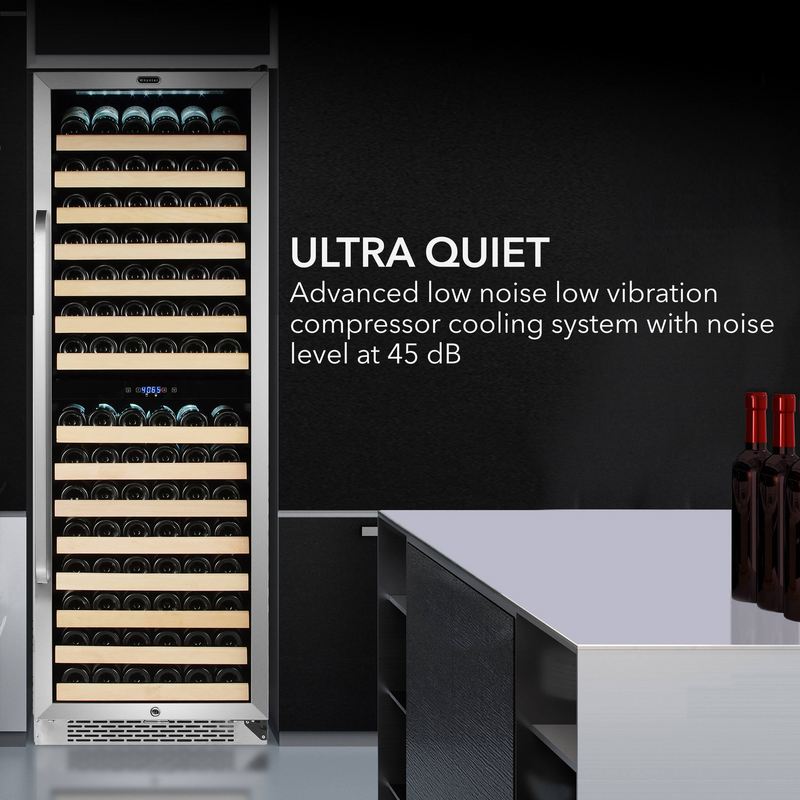 Whynter 164 Bottle Built-in Stainless Steel Dual Zone Compressor Wine Refrigerator with Display Rack and LED display