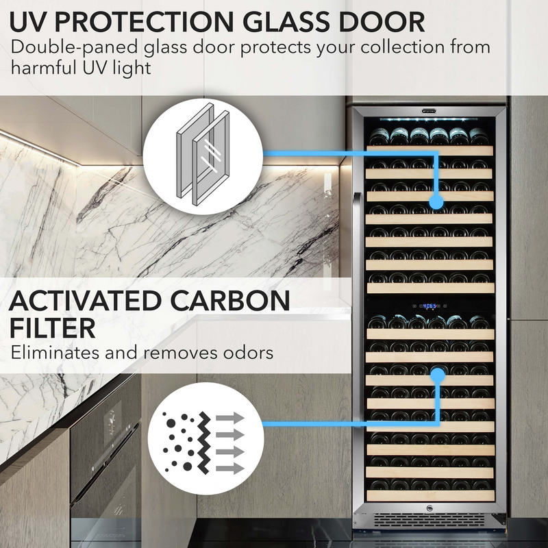 Whynter 164 Bottle Built-in Stainless Steel Dual Zone Compressor Wine Refrigerator with Display Rack and LED display