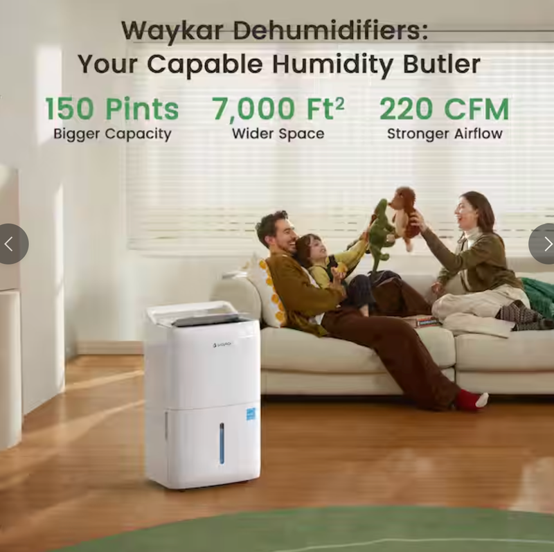 Waykar 150 pt. 7,000 sq. ft. Energy Star Most Efficient Dehumidifier with Pump and Drain Hose for Basement and Bedroom in White - CTH150PB