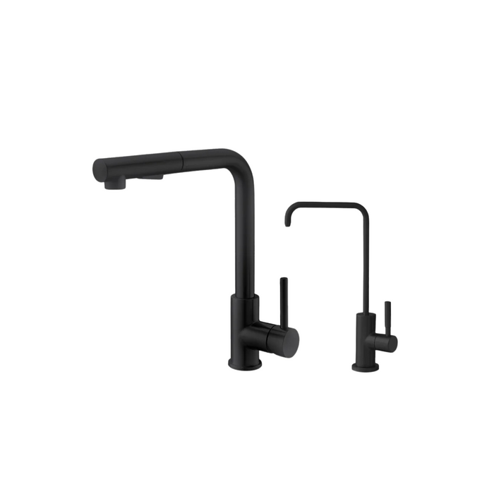 Stylish VENEZIA 1.5 GPM Pull Down Kitchen Faucet + Water Tap - Matte Black Finish - K130NK147N