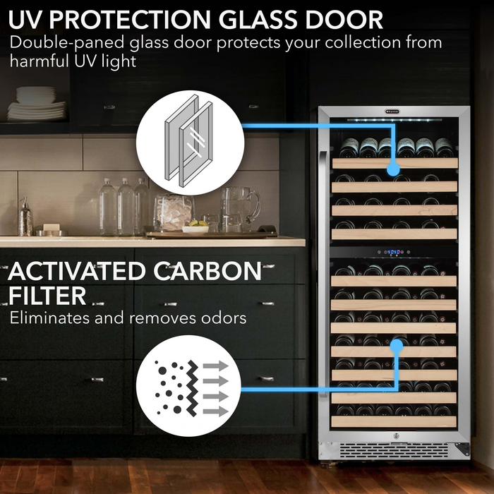 Whynter 92 Bottle Built-in Stainless Steel Dual Zone Compressor Wine Refrigerator with Display Rack and LED display