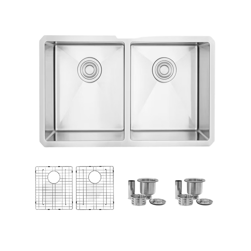 Stylish TOPAZ 28" Double Bowl Kitchen Sink, 16 Gauge Stainless Steel with Grids and Basket Strainers - S-300XG
