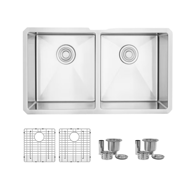 Stylish ZIRCON 32" Double Bowl Kitchen Sink, 16 Gauge Stainless Steel with Grids and Basket Strainers - S-301XG