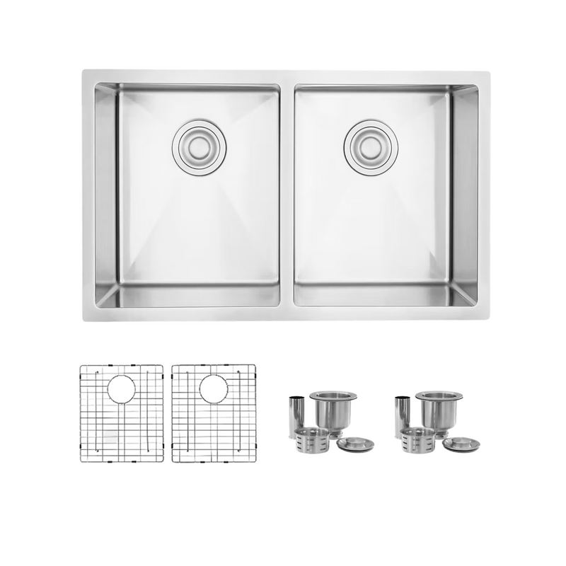 Stylish ONYX 30" Undermount or Drop-in Double Bowl Kitchen Sink, 18 Gauge Stainless Steel with Grids and Basket Strainers - S-304TG