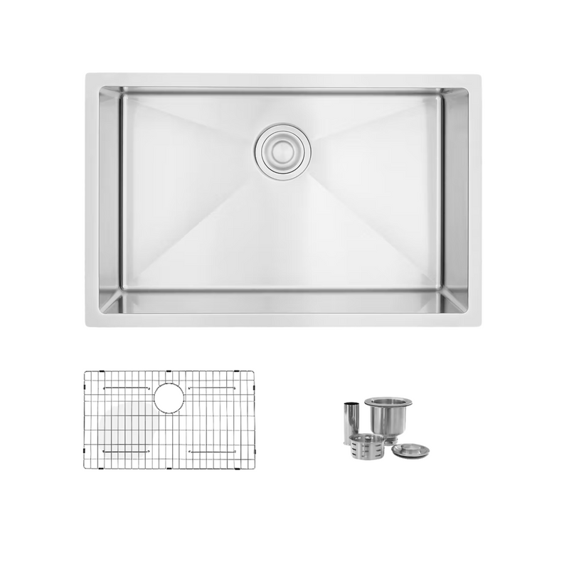 Stylish EMERALD 28" Dual Mount Single Bowl Kitchen Sink, 18 Gauge Stainless Steel with Grid and Basket Strainer - S-306TG