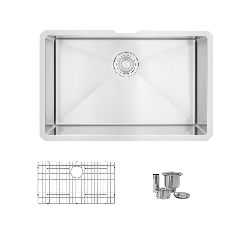 Stylish EMERALD 28" Dual Mount Single Bowl Kitchen Sink, 16 Gauge Stainless Steel with Grid and Basket Strainer - S-306XG