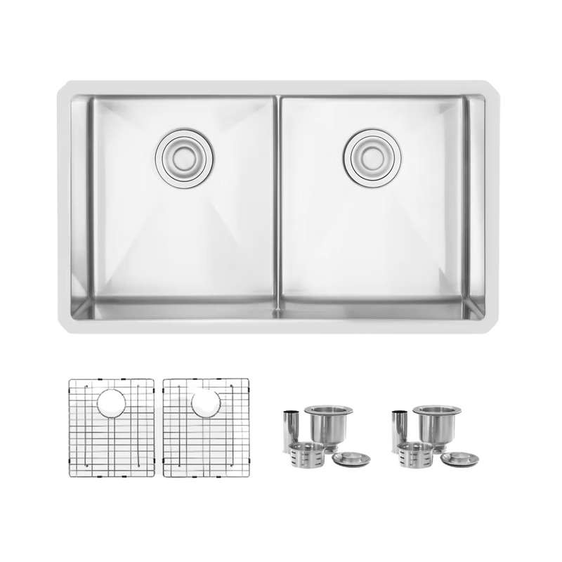 Stylish AMPLE 32" Double Bowl Kitchen Sink, 16 Gauge Stainless Steel with Grids and Basket Strainers - S-321XG