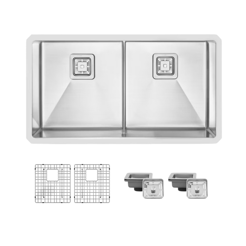 Stylish SPAZIO 33" Double Bowl Kitchen Sink, 16 Gauge Stainless Steel with Grids and Square Basket Strainers - S-501XG