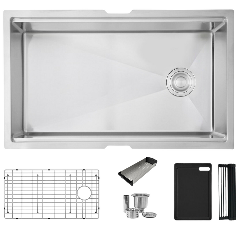 Stylish 33" VERSA33 S-613WK Undermount Workstation Stainless Steel Single-Bowl Kitchen Sink with Black Accessories