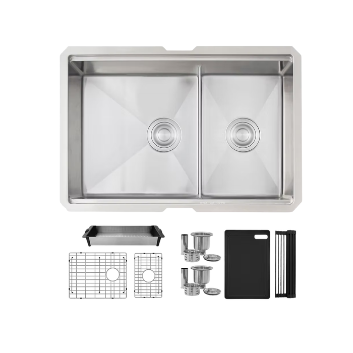 Stylish VERSA28 28" Workstation 60/40 Double Bowl Undermount 16 Gauge Stainless Steel Kitchen Sink with Black Accessories - S-628WK
