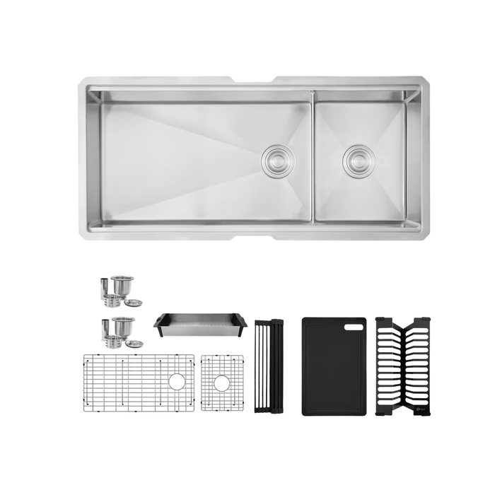 Stylish VERSA42 42" Workstation 70/30 Double Bowl Undermount 16 Gauge Stainless Steel Kitchen Sink with Black Accessories - S-642WK