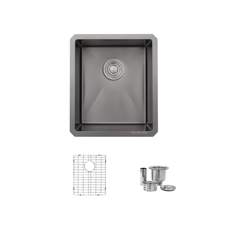 Stylish Lava 16" Graphite Black Single Bowl Undermount Stainless Steel Kitchen Sink with Grid & Basket Strainer - S-709XN