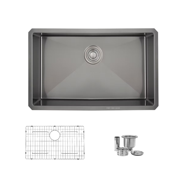 Stylish Agate 30" Graphite Black Single Bowl Undermount Stainless Steel Kitchen Sink with Grid & Basket Strainer - S-711XN