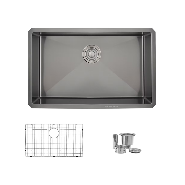 Stylish Agate 30" Graphite Black Single Bowl Undermount Stainless Steel Kitchen Sink with Grid & Basket Strainer - S-711XN