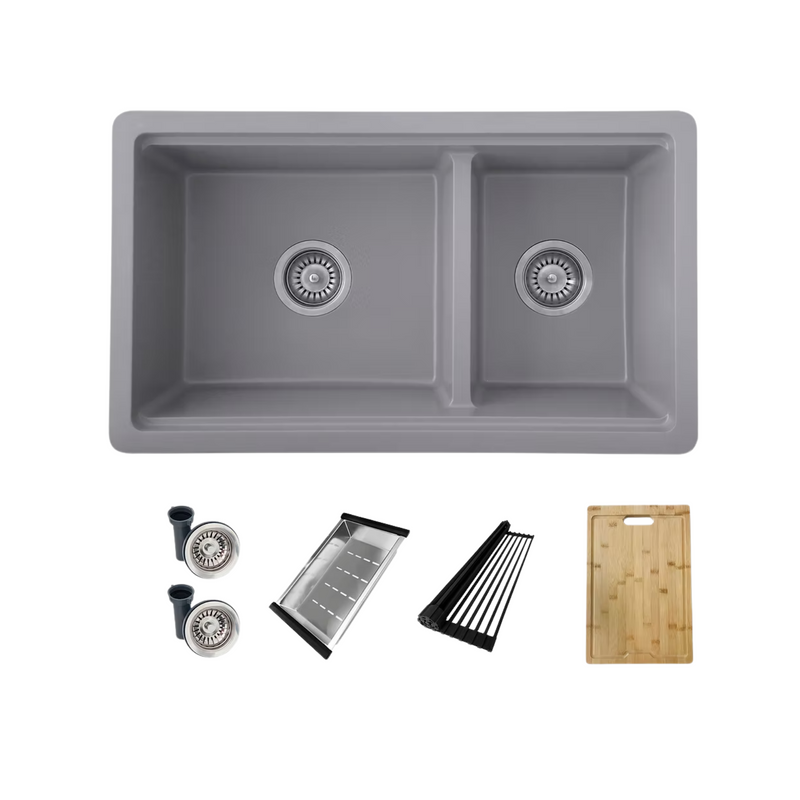 Stylish WATERTON 30" Dual Mount Workstation Double Bowl White Composite Granite Kitchen Sink with Built in Accessories