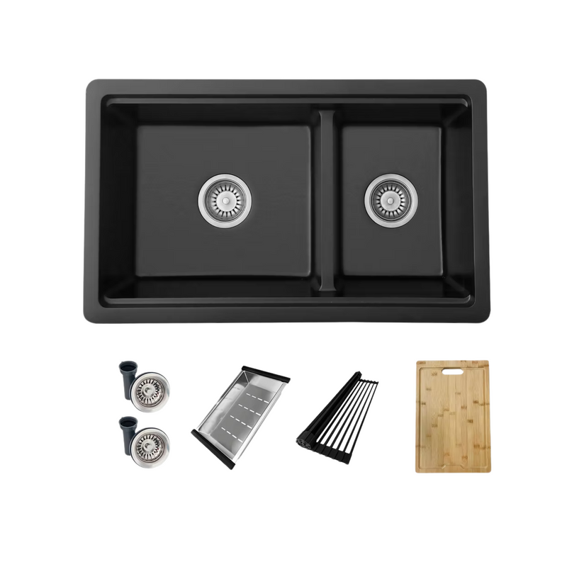 Stylish WATERTON 30" Dual Mount Workstation Double Bowl White Composite Granite Kitchen Sink with Built in Accessories
