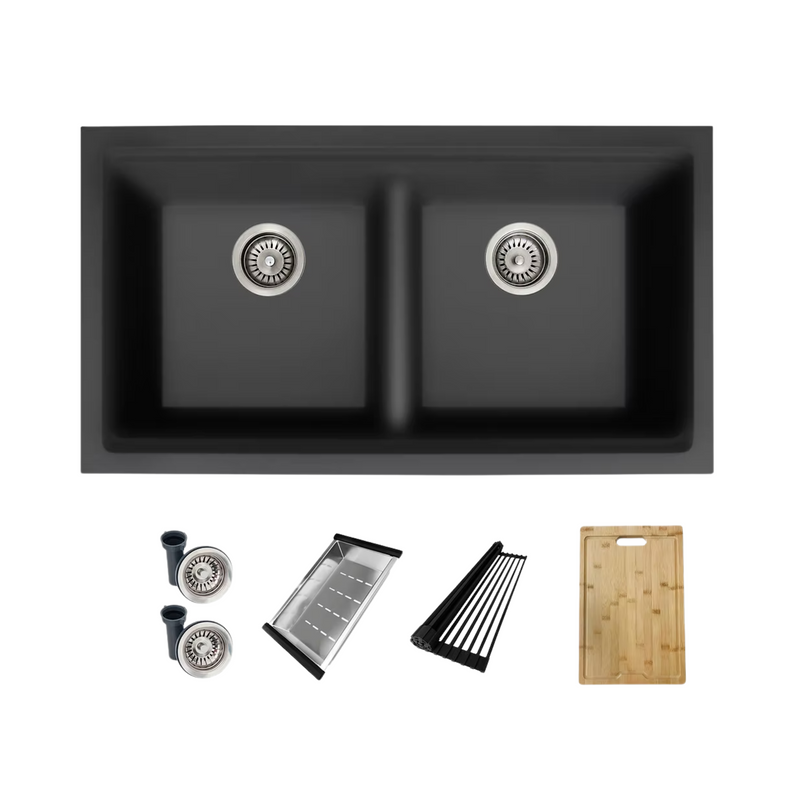 Stylish BANFF 33" Dual Mount Workstation Double Bowl Composite Granite Kitchen Sink with Built in Accessories