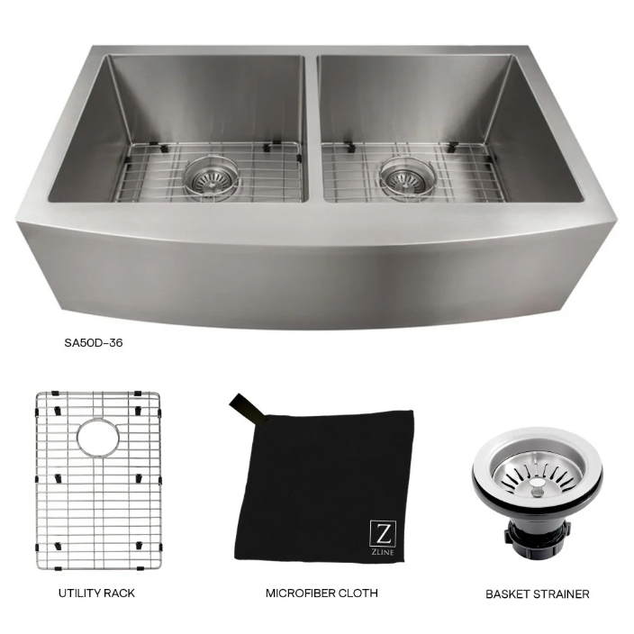 ZLINE Niseko 36 In. Farmhouse Apron Mount Double Bowl Stainless Steel Kitchen Sink With Bottom Grid