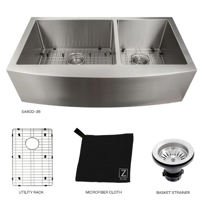 ZLINE Courchevel 36 In. Farmhouse Apron Mount Double Bowl Stainless Steel Kitchen Sink With Bottom Grid