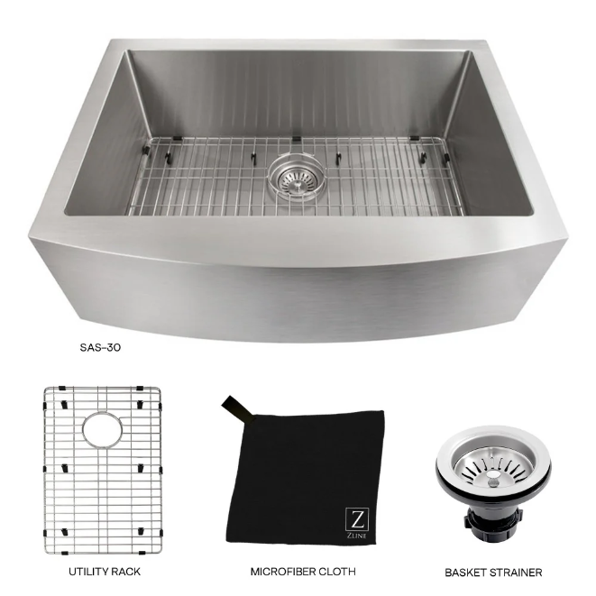 ZLINE Zermatt 30 In. Farmhouse Apron Mount Single Bowl Stainless Steel Kitchen Sink With Bottom Grid