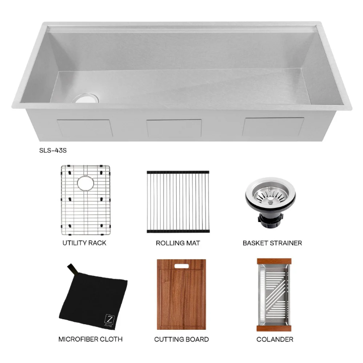ZLINE Garmisch 43 In. Undermount Single Bowl Stainless Steel Kitchen Sink With Bottom Grid and Accessories
