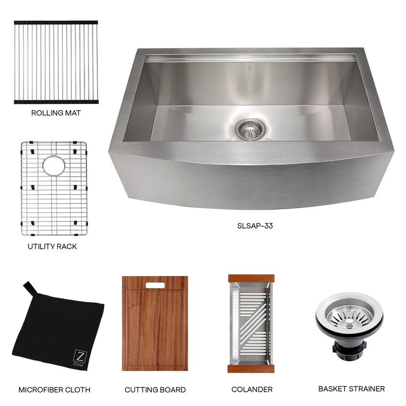 ZLINE Moritz 33 In. Farmhouse Apron Mount Single Bowl Stainless Steel Kitchen Sink With Bottom Grid and Accessories