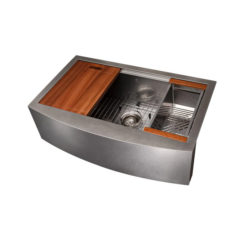 ZLINE Moritz 33 In. Farmhouse Apron Mount Single Bowl Stainless Steel Kitchen Sink With Bottom Grid and Accessories