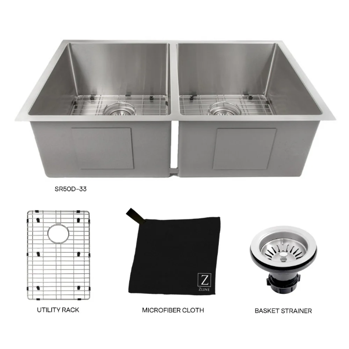 Zline Anton 33 In. Undermount Double Bowl Stainless Steel Kitchen Sink With Bottom Grid