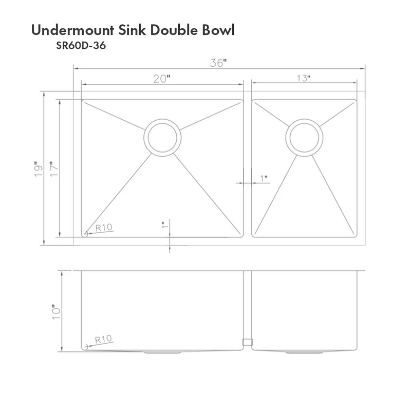 Zline 36 In. Chamonix Undermount Double Bowl Kitchen Sink With Bottom Grid - SR60D-36S