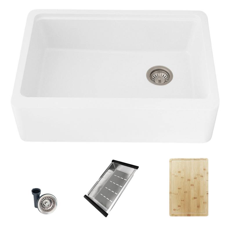 Stylish 30" BRONTE S-830WH Farmhouse/Apron White Composite Granite Workstation Single Bowl Kitchen Sink