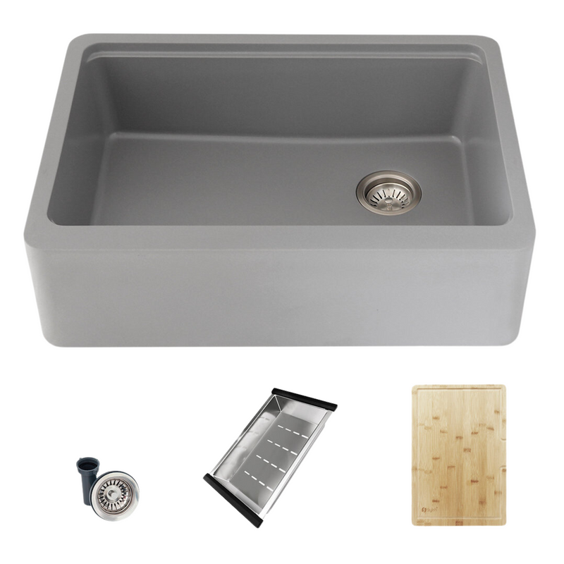 Stylish 30" BRONTE S-830WL Farmhouse/Apron Grey Composite Granite Workstation Single Bowl Kitchen Sink
