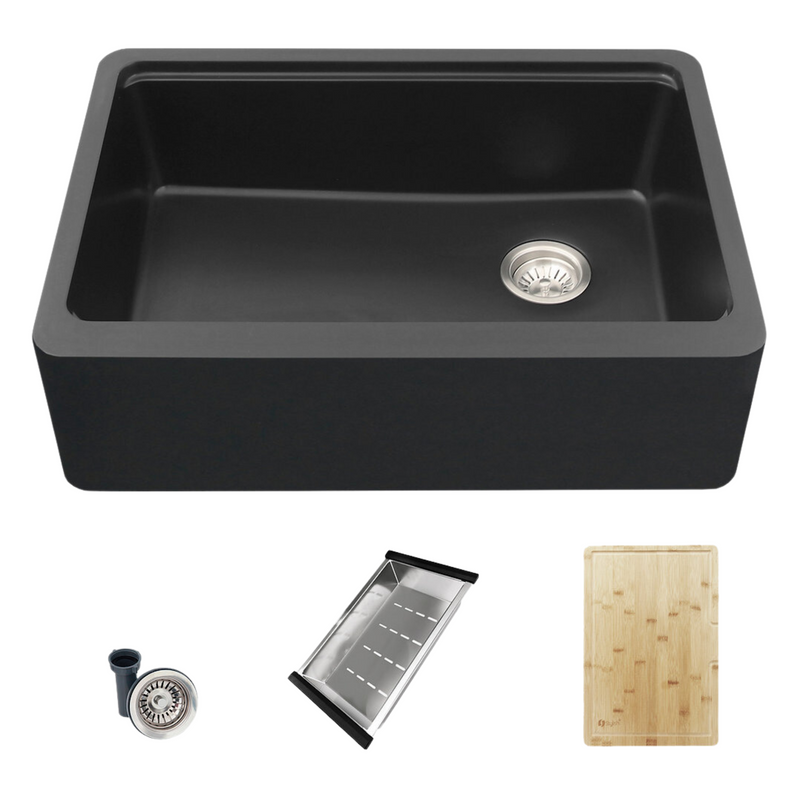 Stylish 30" BRONTE S-830WN Farmhouse/Apron Black Composite Granite Workstation Single Bowl Kitchen Sink