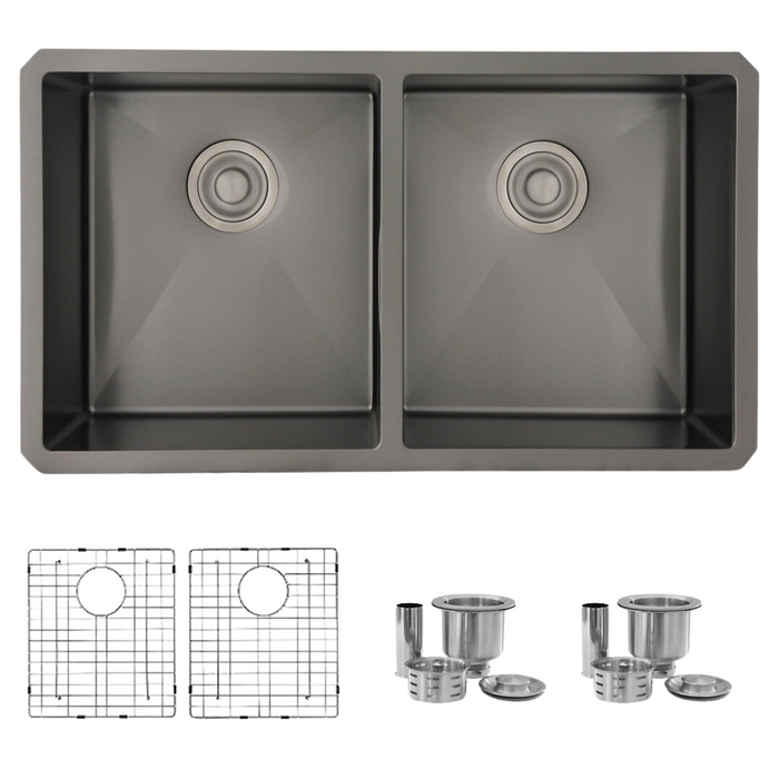 Stylish 32" OPAL S-701XN Graphite Black Double Bowl Undermount Stainless Steel Kitchen Sink with Grids and Basket Strainers