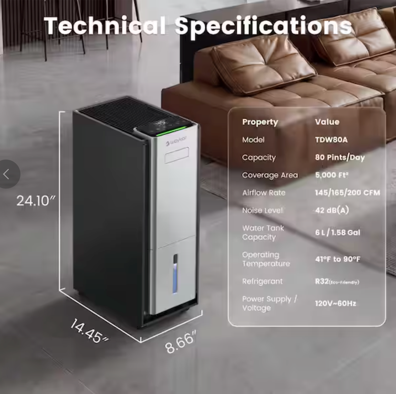 Waykar 80 pt. 5,000 sq.ft. Energy Star Most Efficient Dehumidifier for Basement and Bedroom with Drain Hose, Bucket in Black -  TDW80A