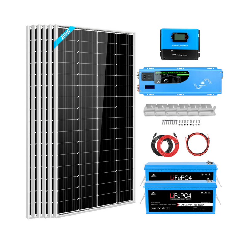 SunGoldPower Off Grid Solar Kit 4000W Inverter 12VDC 120V/240V LIFEPO4 Battery 1200 Watt Solar Back Up - SGK-PR4S