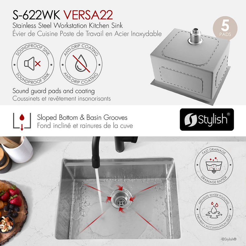 Stylish VERSA22 22" Workstation Single Bowl Undermount 16 Gauge Stainless Steel Kitchen Sink - S-622WK