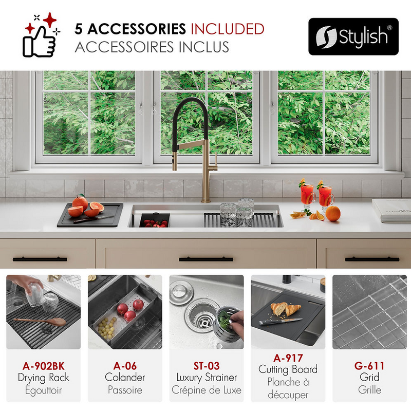 Stylish VERSA30 30" Workstation Single Bowl Undermount 16 Gauge Stainless Steel Kitchen Sink with Black Accessories - S-611WK