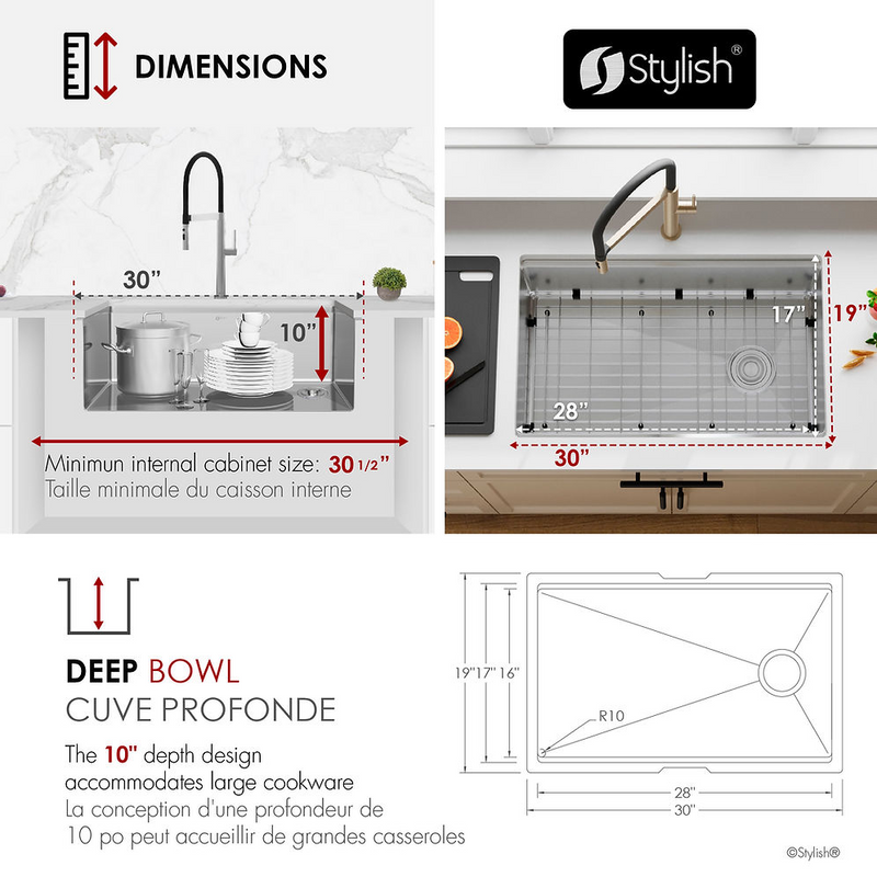 Stylish VERSA30 30" Workstation Single Bowl Undermount 16 Gauge Stainless Steel Kitchen Sink with Black Accessories - S-611WK