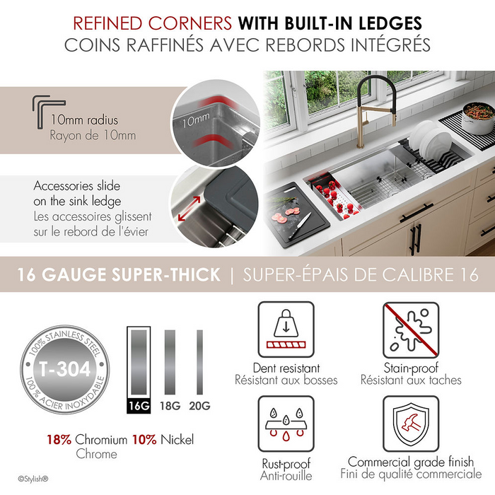 Stylish VERSA42 42" Workstation 70/30 Double Bowl Undermount 16 Gauge Stainless Steel Kitchen Sink with Black Accessories - S-642WK