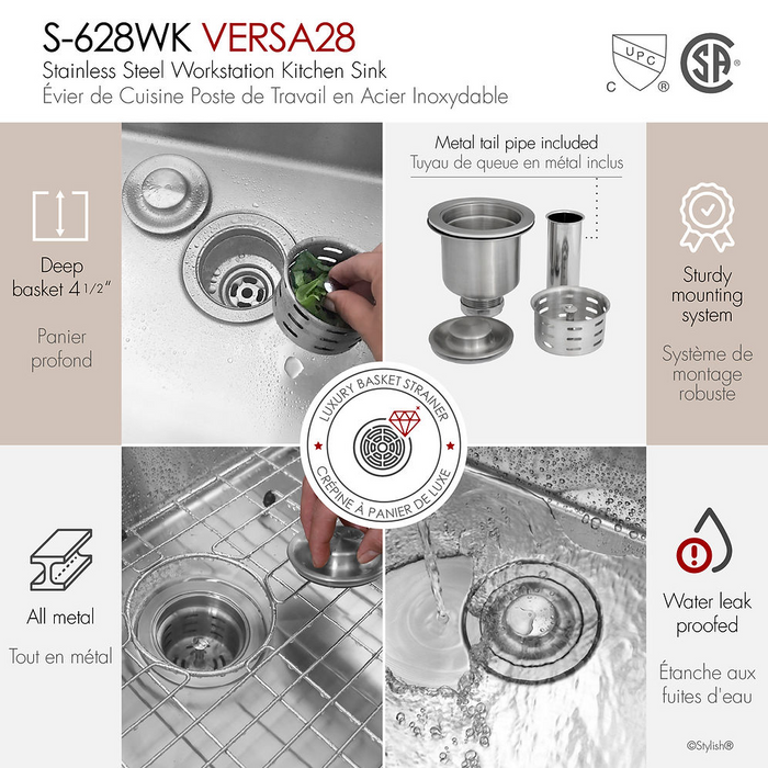 Stylish VERSA28 28" Workstation 60/40 Double Bowl Undermount 16 Gauge Stainless Steel Kitchen Sink with Black Accessories - S-628WK