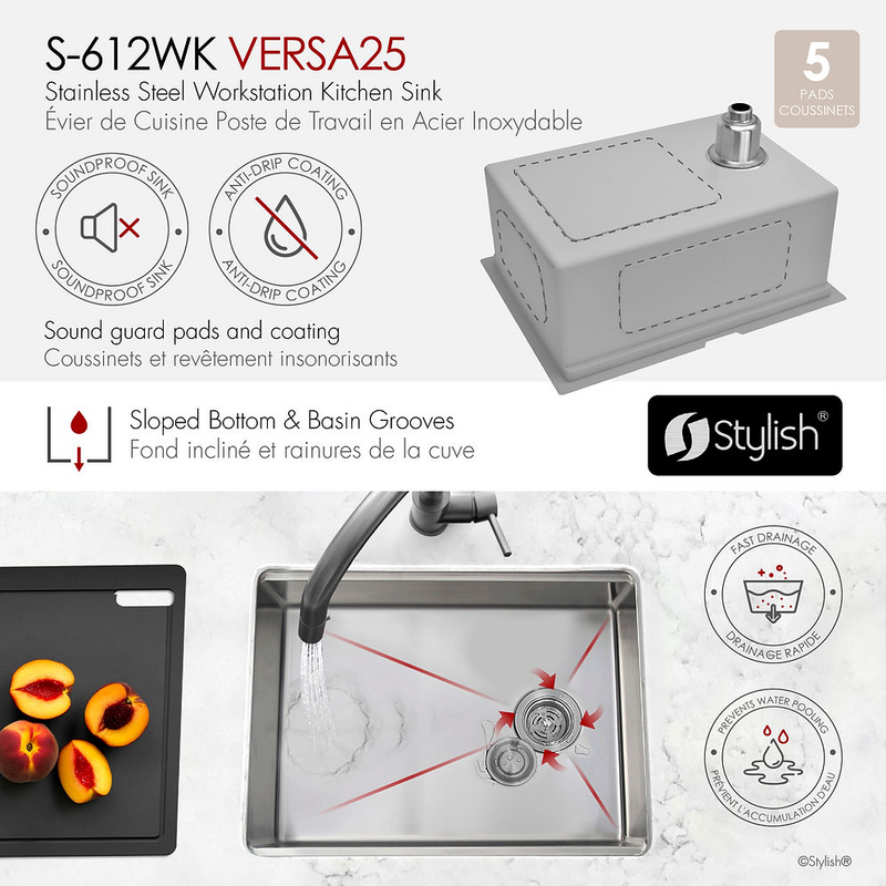 Stylish VERSA25 25" Workstation Single Bowl Undermount 16 Gauge Stainless Steel Kitchen Sink with Black Accessories - S-612WK