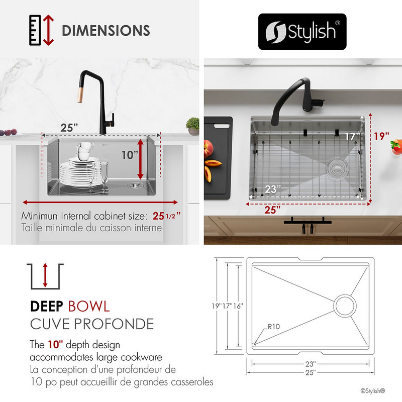 Stylish VERSA25 25" Workstation Single Bowl Undermount 16 Gauge Stainless Steel Kitchen Sink with Black Accessories - S-612WK