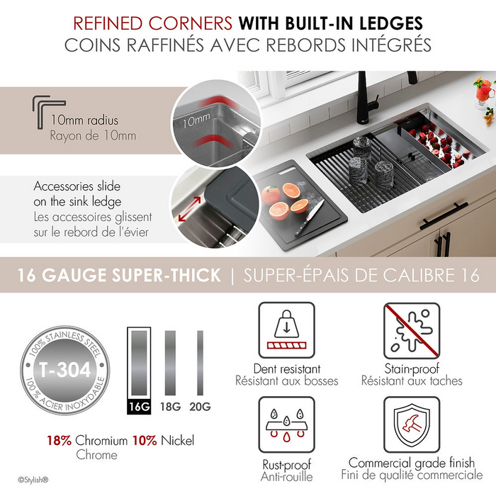 Stylish VERSA28 28" Workstation 60/40 Double Bowl Undermount 16 Gauge Stainless Steel Kitchen Sink with Black Accessories - S-628WK