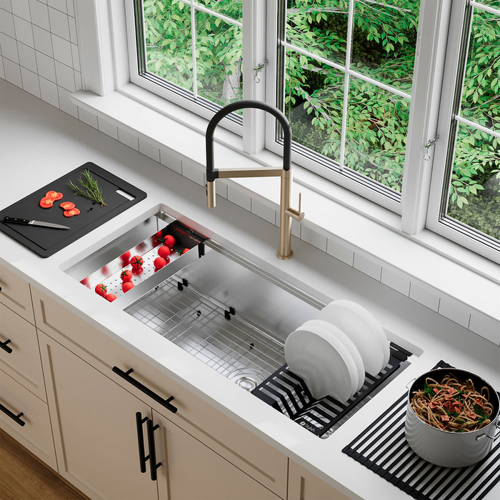 Stylish VERSA42 42" Workstation 70/30 Double Bowl Undermount 16 Gauge Stainless Steel Kitchen Sink with Black Accessories - S-642WK
