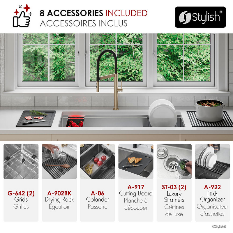 Stylish VERSA42 42" Workstation 70/30 Double Bowl Undermount 16 Gauge Stainless Steel Kitchen Sink with Black Accessories - S-642WK