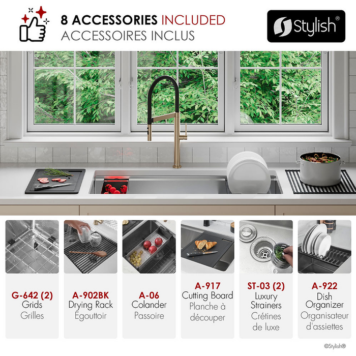 Stylish VERSA42 42" Workstation 70/30 Double Bowl Undermount 16 Gauge Stainless Steel Kitchen Sink with Black Accessories - S-642WK