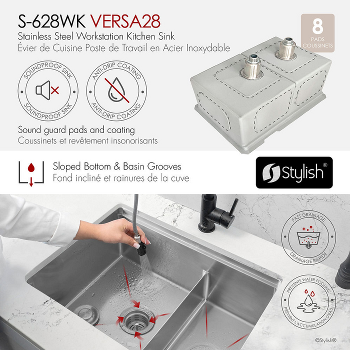 Stylish VERSA28 28" Workstation 60/40 Double Bowl Undermount 16 Gauge Stainless Steel Kitchen Sink with Black Accessories - S-628WK