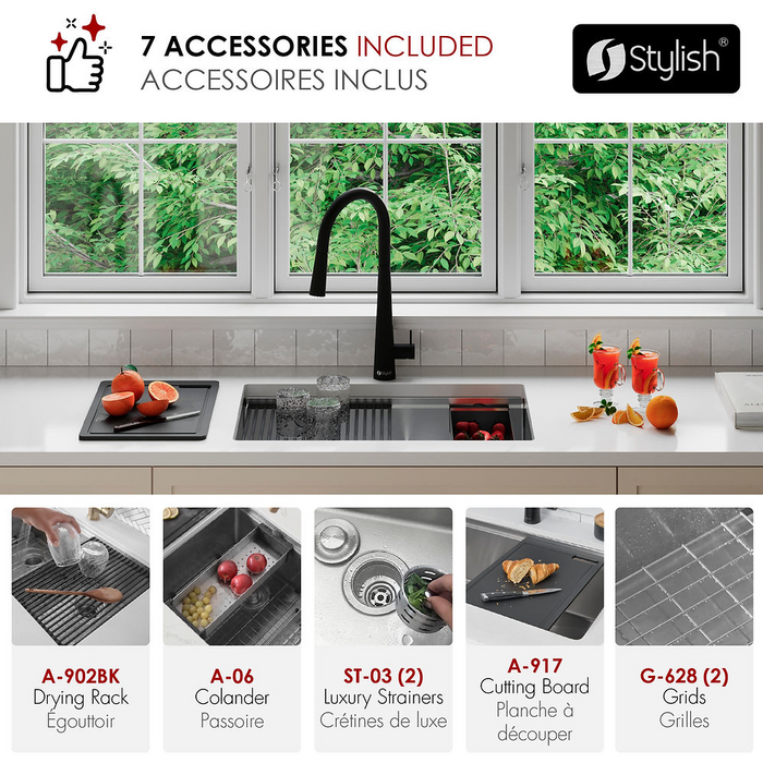 Stylish VERSA28 28" Workstation 60/40 Double Bowl Undermount 16 Gauge Stainless Steel Kitchen Sink with Black Accessories - S-628WK